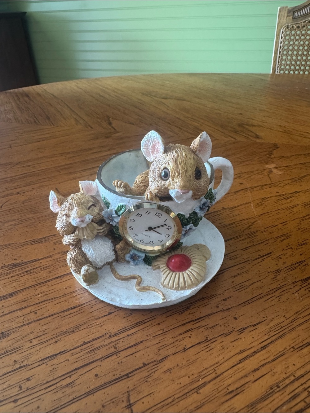 Charming Beige Mouse Teacup Accent Clock by